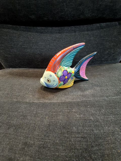 Light Blue Face, Blue and Pink Tail Hand-Painted Mexican Pottery Fish, 6 Inches
