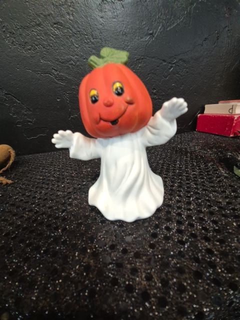 White & Orange  Pumpkin Head Ghost Figurine, 4"