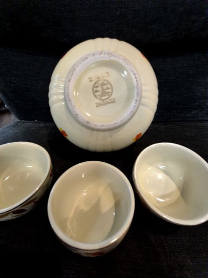 Autumn Leaf w/Gold Trim  Hall's Jewel Tea Mixing Bowl w/3 matching sm bowls, 4 pc. Set,, 7.5" Diameter, 3.5" Diameter