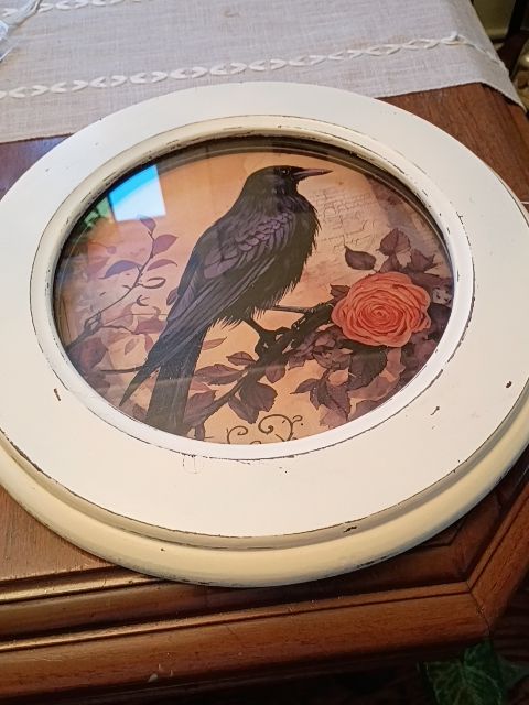 White round wood 14" framed crow tapestry