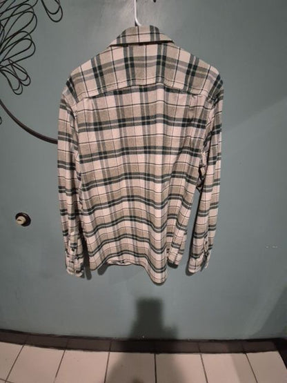 Green Plaid LL Bean 100% Cotton Flannel, L- Reg Slightly Fitted