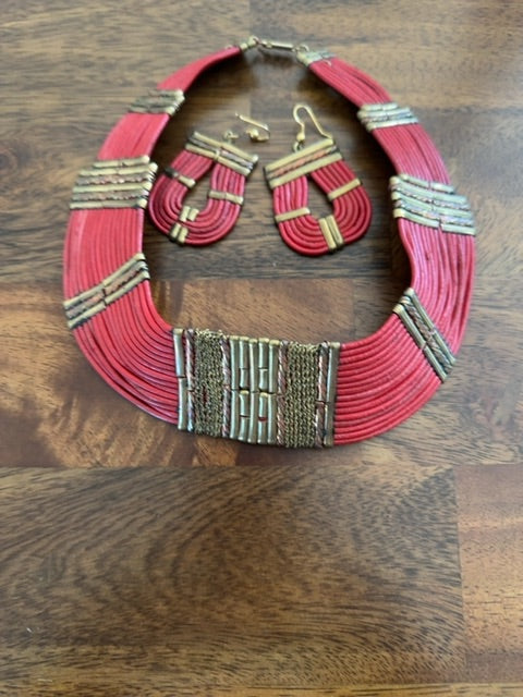 Vintage Alexis Kirk Bohemian, leather and brass choker with matching earrings