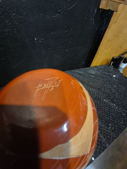 Red  Hand-etched Signed Vase, 6" × 5"