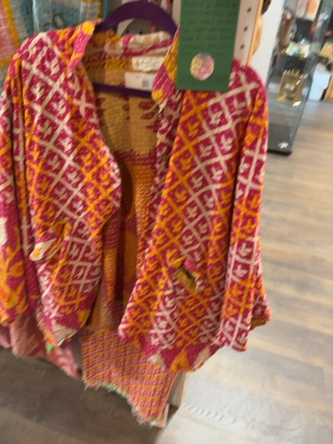 Red/Yellow Kantha Bae Kantha Reversible Top Batwing Sleeves, Free Size