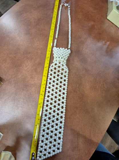 White  Beaded Necktie Choker, 17" / 11.5" "Tie"