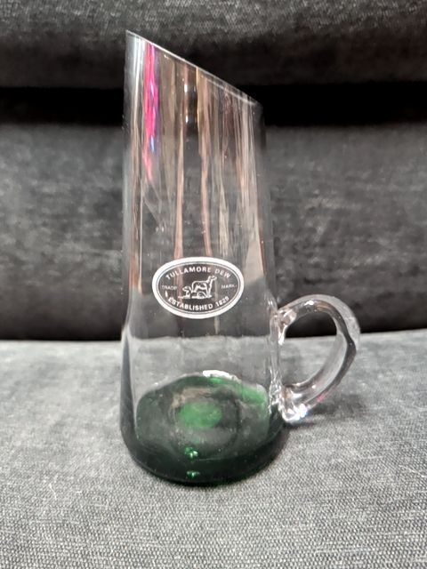 Irish Whiskey Pitcher Glass Tullamore Dew Slanted With Green Bottom