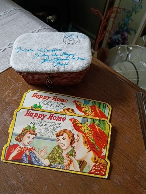Vintage needle books, small wicker sewing kit