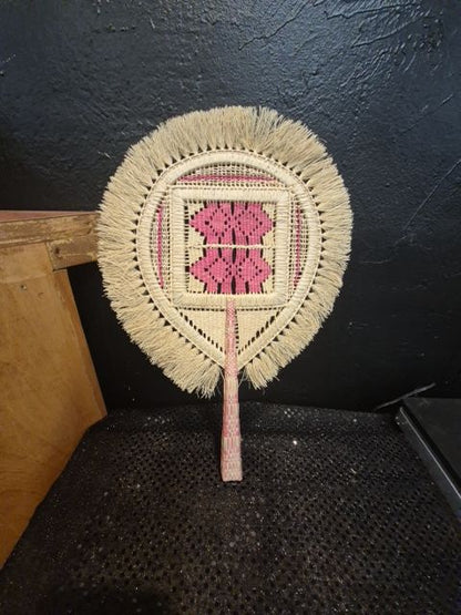 Tan w/Pink Vintage Hand-Woven Fan, 9" × 14"
