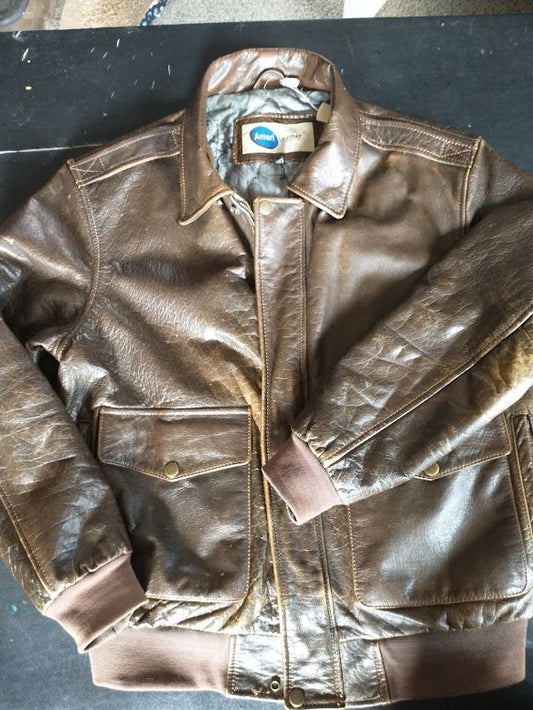 Brown Leather Bomber Jacket Medium
