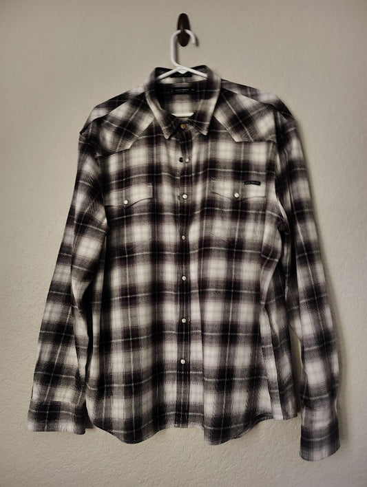 Black and White Lucky Brand Snap Front Shirt Plaid Long Sleeve, xxl