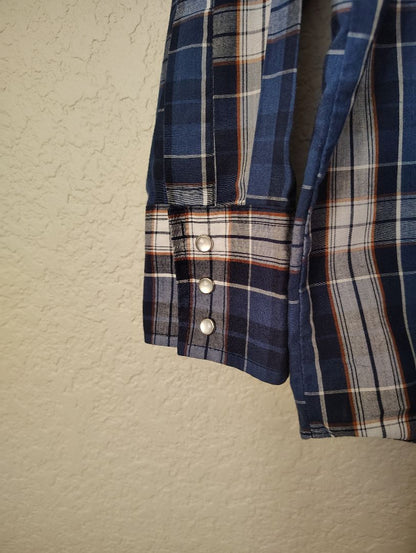 Blue Multi Plains Snap Front Shirt Plaid Long Sleeve, Large