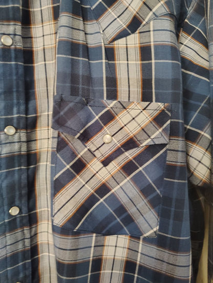 Blue Multi Plains Snap Front Shirt Plaid Long Sleeve, Large
