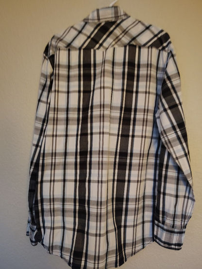 Black White Multi ReClaim Snap Front Shirt Plaid Long Sleeve, xl