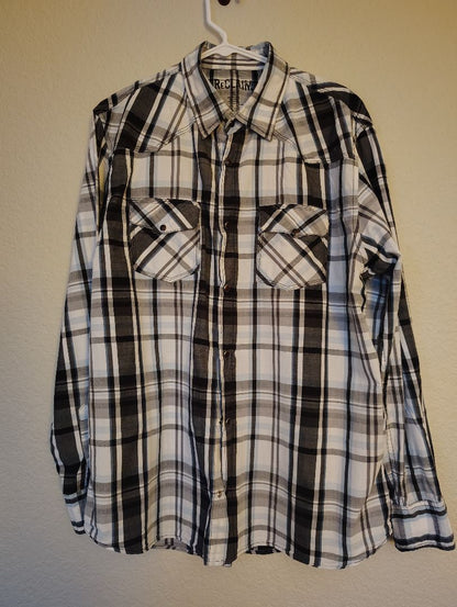 Black White Multi ReClaim Snap Front Shirt Plaid Long Sleeve, xl