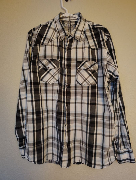 Black White Multi ReClaim Snap Front Shirt Plaid Long Sleeve, xl