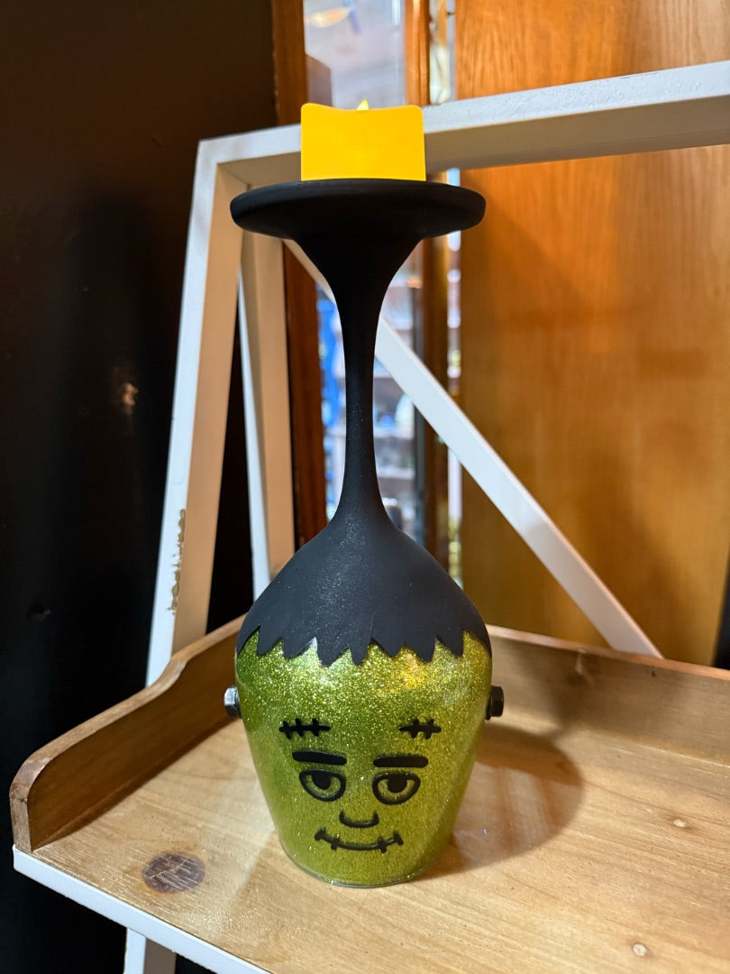 Wine Glass Characters Frankenstein, with tea light candle