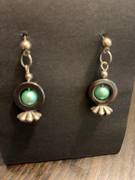 green/silver  silver with green pearl bead earrings