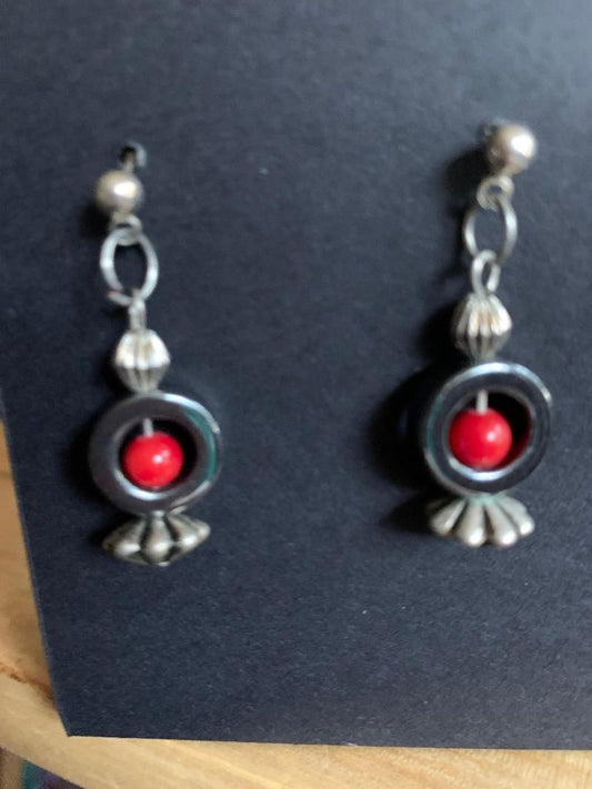 red/silver  red bead in silver circle earrings