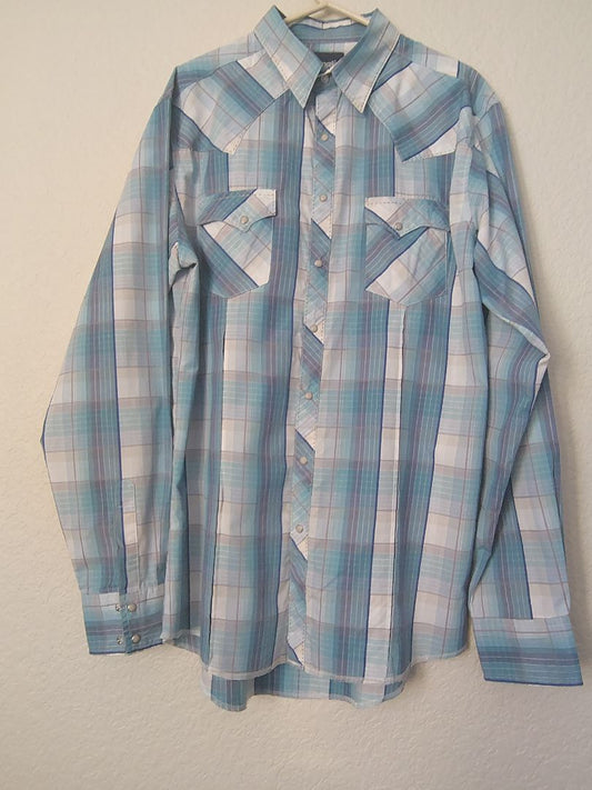 Light blue Multi Wrangler Snap Front Shirt Plaid Long Sleeve, Large Tall